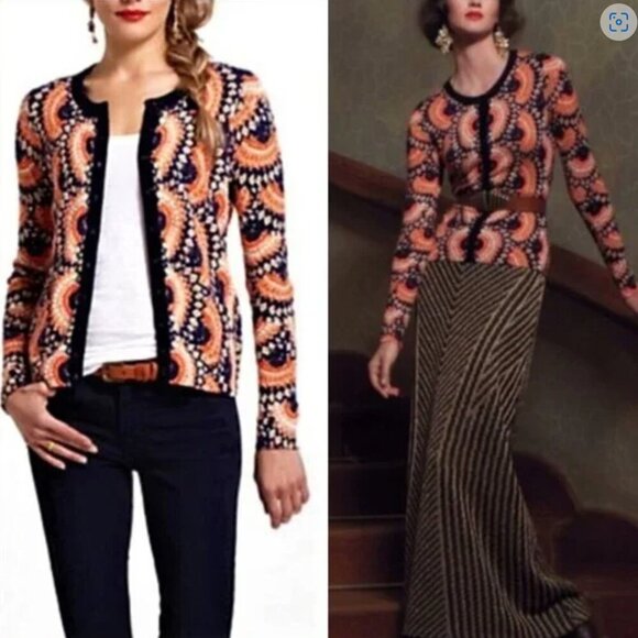 Tabitha Anthropologie Odval Art Deco Geo Print Button Up Cardigan Sweater M - Picture 1 of 8